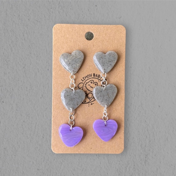 Handmade Lavender Purple and Speckled Grey Polymer Clay Earrings - Dainty Hearts - Picture 1 of 5